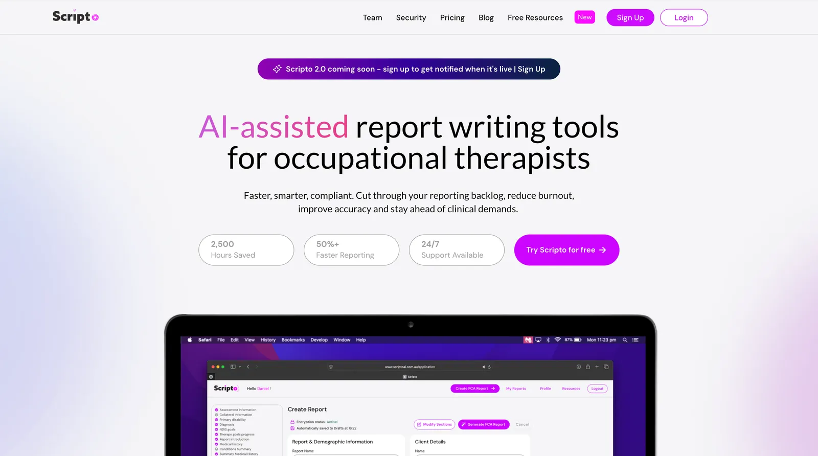 The ScriptoAI landing page headlined “AI-assisted report writing tools for occupational therapists”, with figures for hours saved and faster reporting above a laptop showing the report builder.