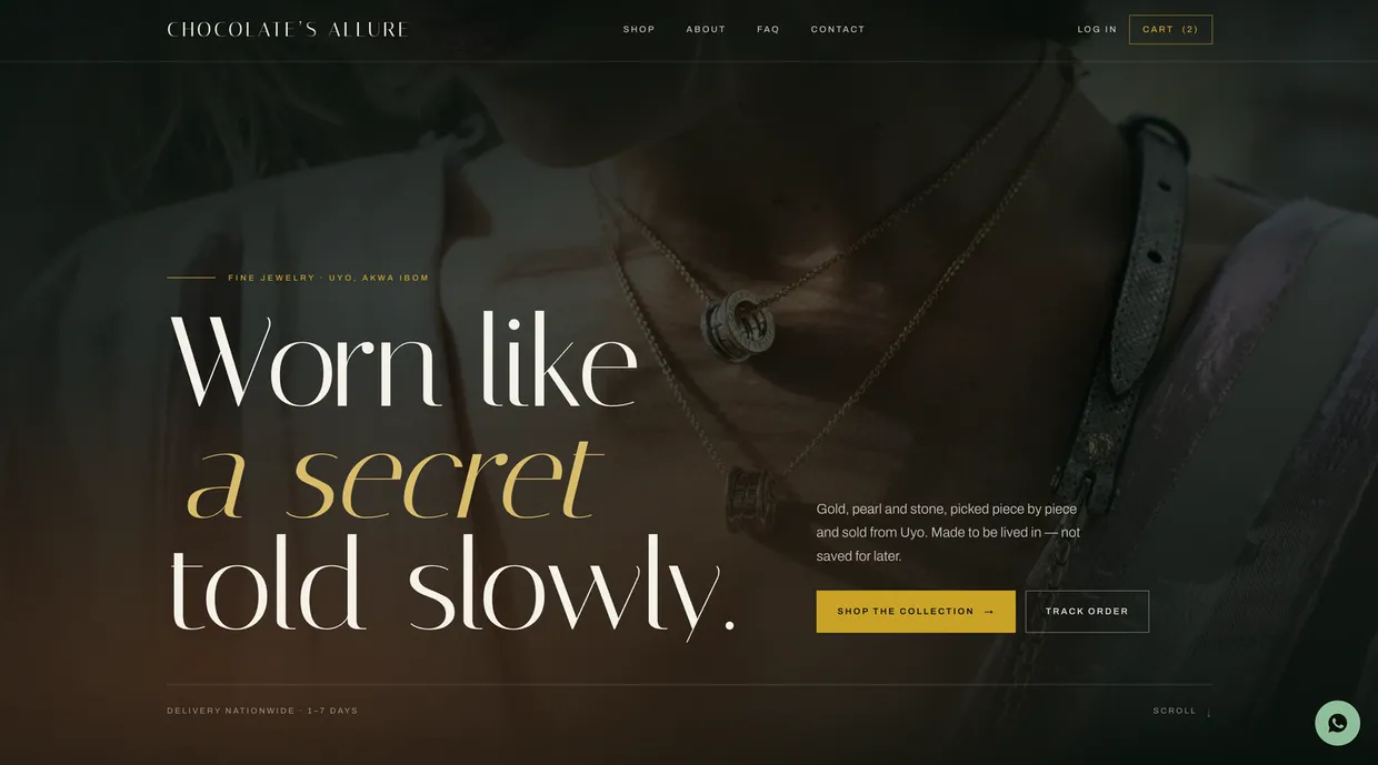 The Chocolates Allure storefront homepage: a full-bleed jewellery photograph behind the headline “Worn like a secret told slowly”, with Shop the Collection and Track Order buttons and a cart showing two items.